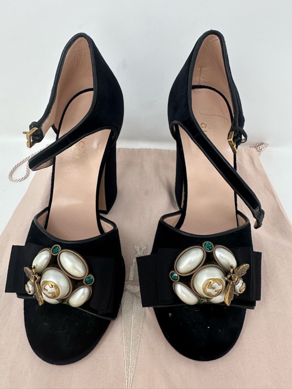 Gucci Black Suede Pearl & Jewel Bow Block Heels